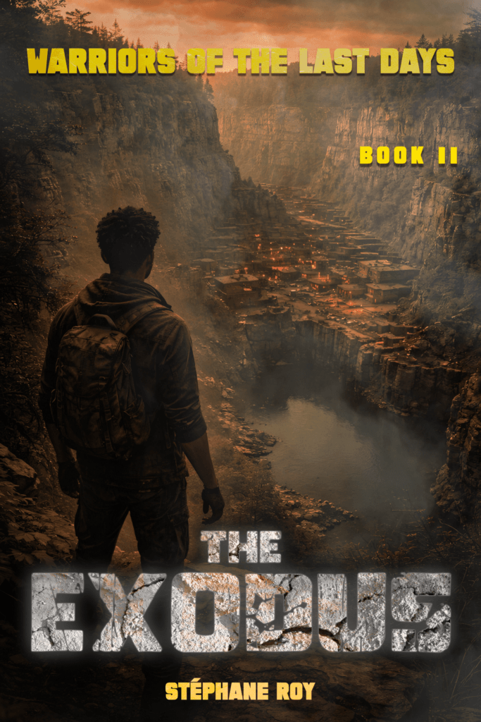 A lone wanderer with a backpack overlooks a post-apocalyptic settlement in a rocky canyon at sunset.