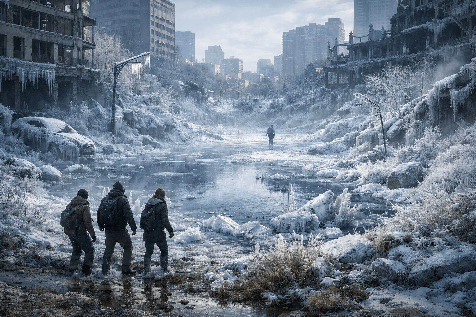 Three survivors looking toward a lone figure walking across a frozen, ice-covered urban landscape in ruined Montreal.