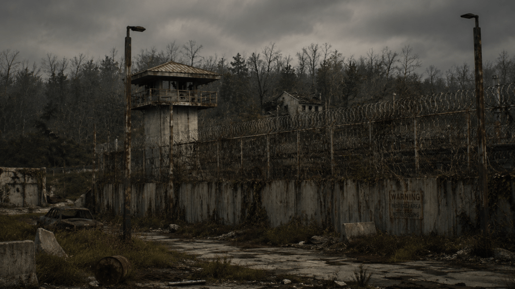 CITIES 7 Watchtower and chain-link fence topped with barbed wire at an overgrown, decaying prison facility under a dark sky.