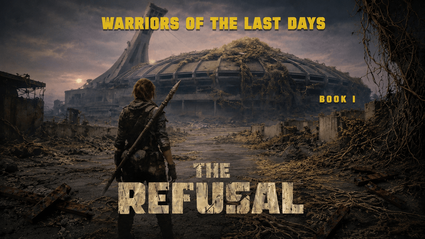 A warrior with a spear stands before the ruins of Montreal's Olympic Stadium in a post-nuclear landscape.
