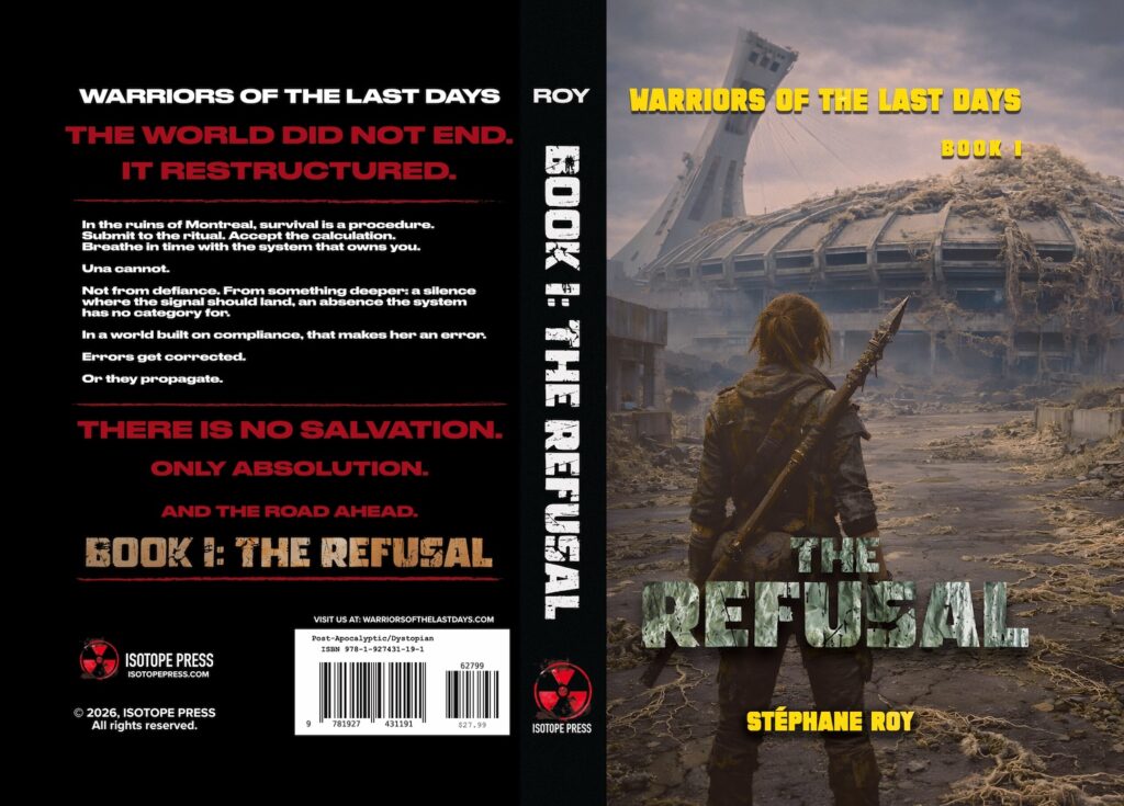 The Covers: Book cover for The Refusal Harcover version showing a survivor standing before the ruins of Montreal's Olympic Stadium.