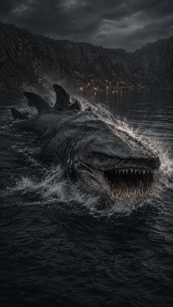 THE EXODUS CREATURES 5 EXODUS CREATURES: A monstrous, prehistoric sturgeon with rows of sharp teeth breaching dark water near a rocky cliffside settlement.