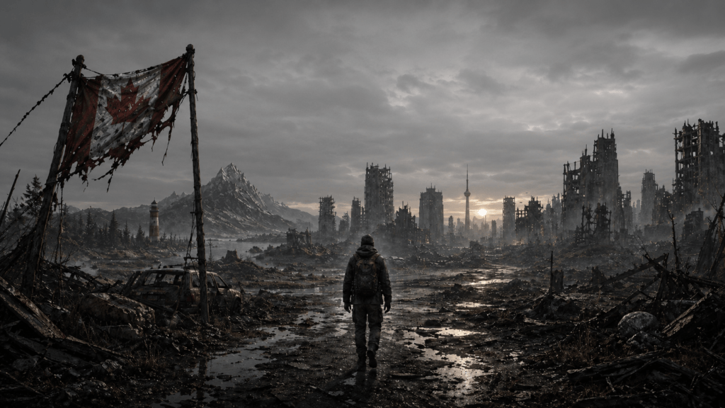 WELCOME WARRIORS! 1 Warriors universe: A lone survivor with a backpack walks through the desolate, ruined skyline of post-apocalyptic Montreal under a gray sky.