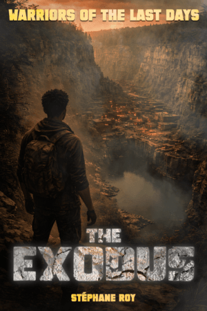 A lone survivor with a backpack overlooks a post-apocalyptic settlement nestled in a rocky canyon at dusk.
