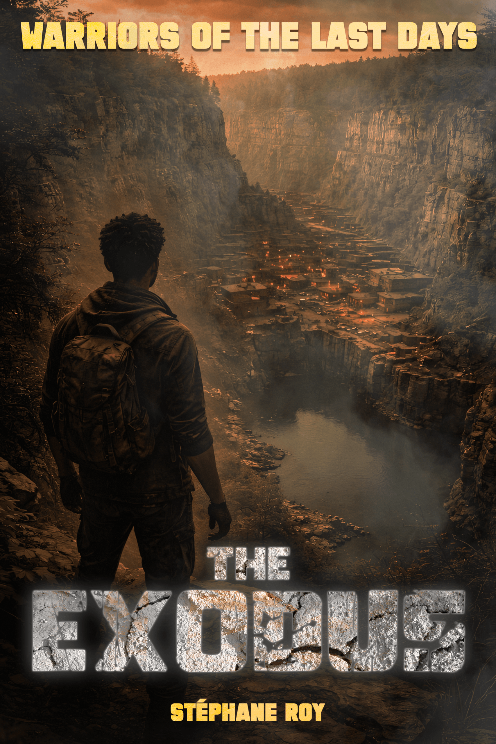 A lone survivor with a backpack overlooks a post-apocalyptic settlement nestled in a rocky canyon at dusk.