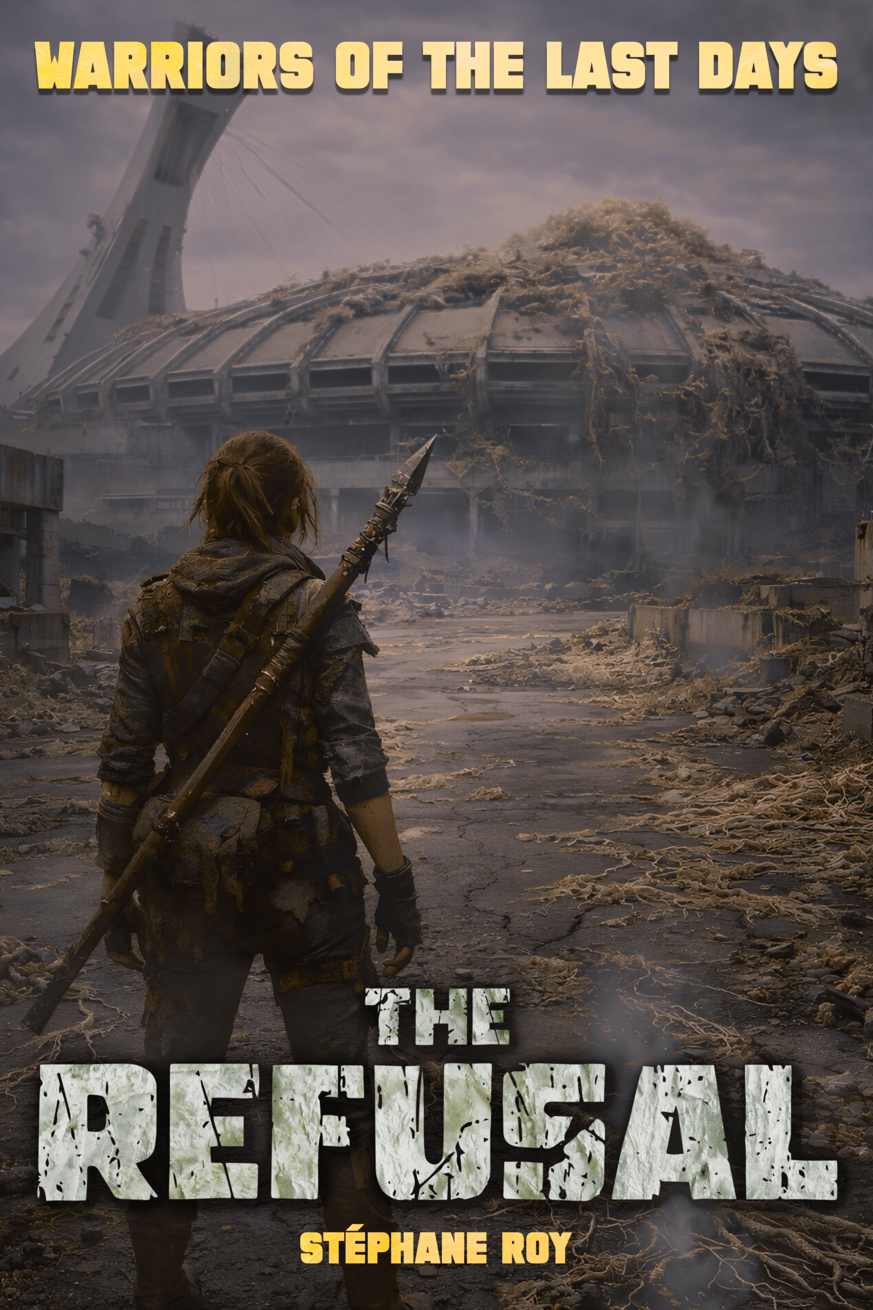 A warrior with a spear stands before the overgrown ruins of Montreal's Olympic Stadium in a post-nuclear setting.