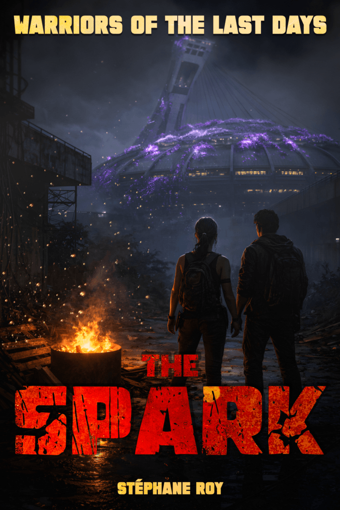 A man and woman stand before a crumbling Olympic Stadium in post-apocalyptic Montreal under a glowing purple sky.