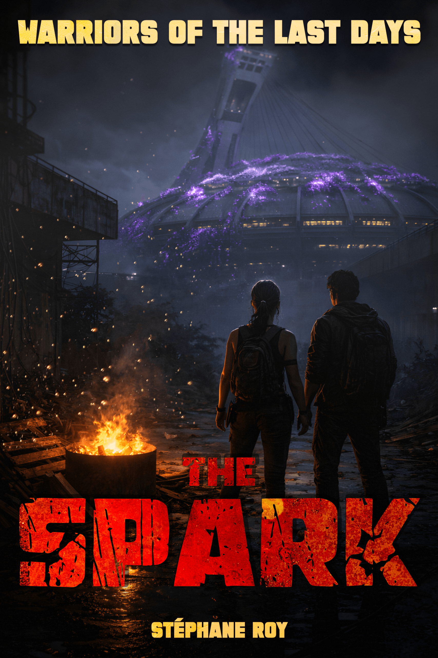 A man and woman stand before a crumbling Olympic Stadium in post-apocalyptic Montreal under a glowing purple sky.