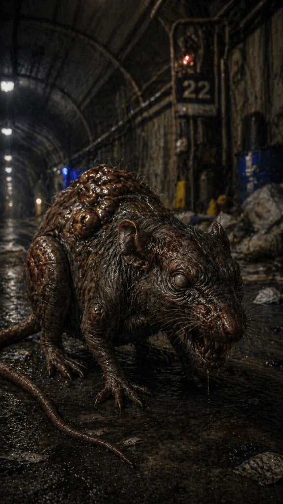 THE REFUSAL CREATURES 4 A grotesque, mutated rat with visible tumors and bared teeth crouching in a dark, damp subway tunnel near a sign marked 22.
