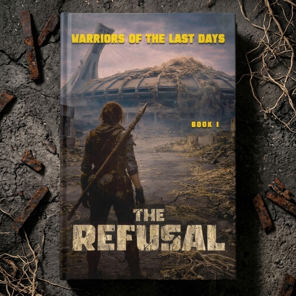 Book cover for The Refusal, featuring a lone survivor standing before the ruins of Montreal's Olympic Stadium.