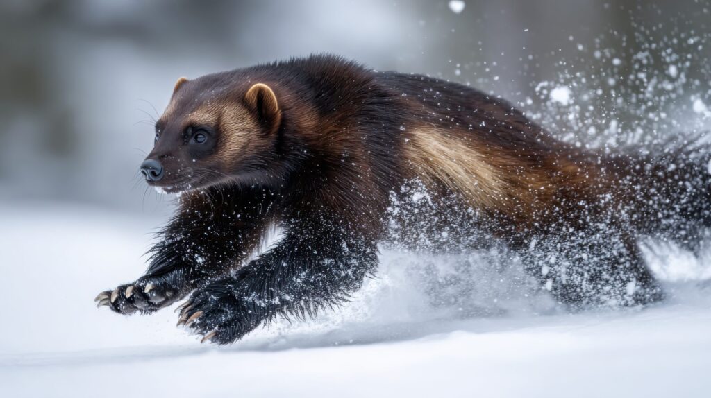 THE TOE 1 The Toe: A wolverine sprinting across a snowy landscape, kicking up powder as it moves towards Edouard's boots.