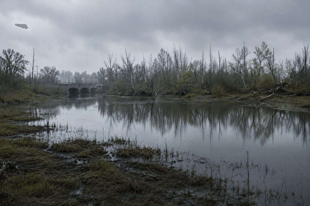 Anjou-sur-le-Lac: A stone bridge spans a still marshland and lake under an overcast sky in a desolated, post-nuclear landscape. Ironically, one of the  sought after locations in Montreal.