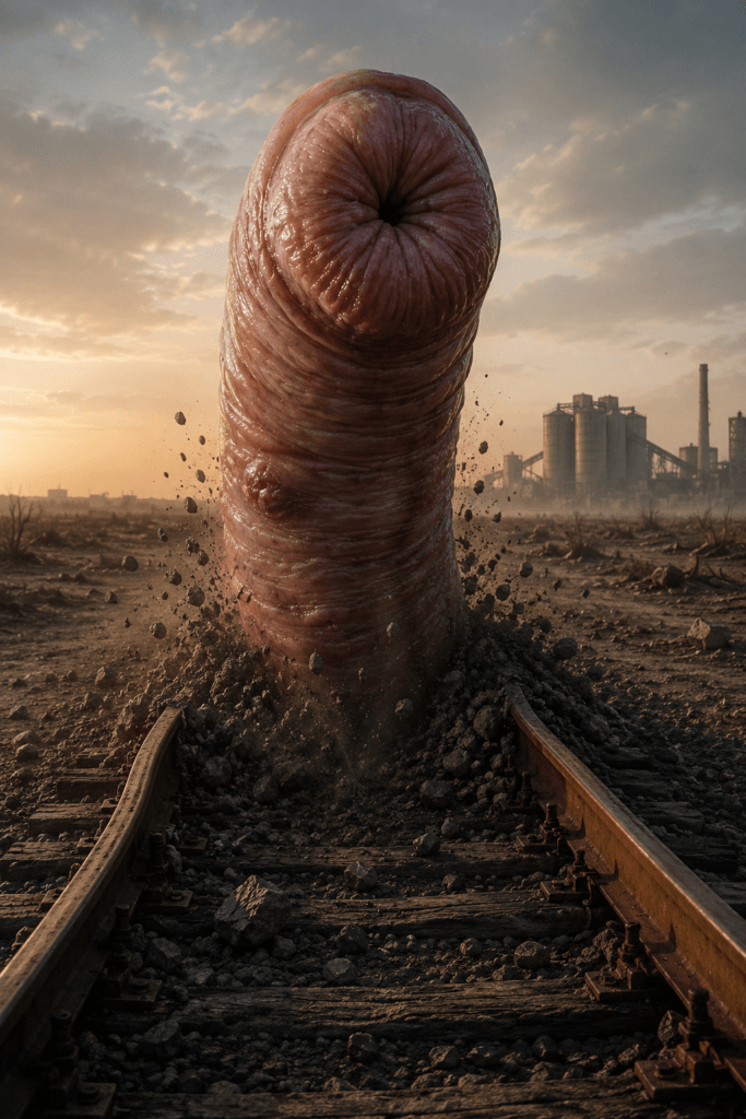 THE EXODUS CREATURES 3 EXODUS CREATURES: A giant, worm-like creature erupts from the ground between train tracks in a post-apocalyptic, barren industrial landscape.