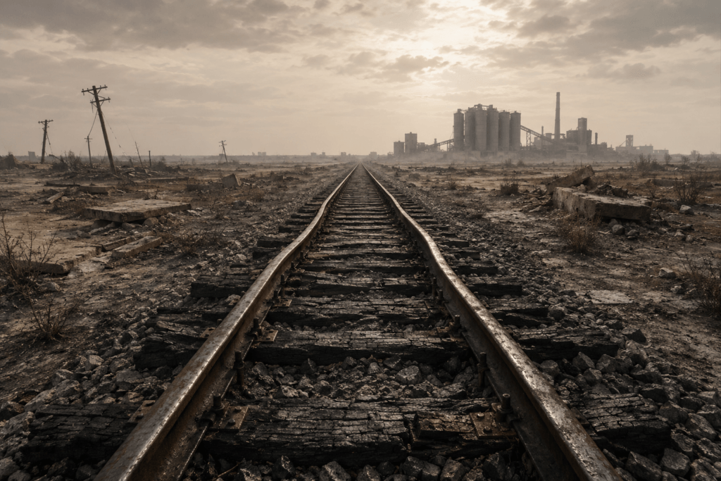 Perspective view of weathered train tracks leading toward a desolate, industrial complex under a hazy, muted sky.