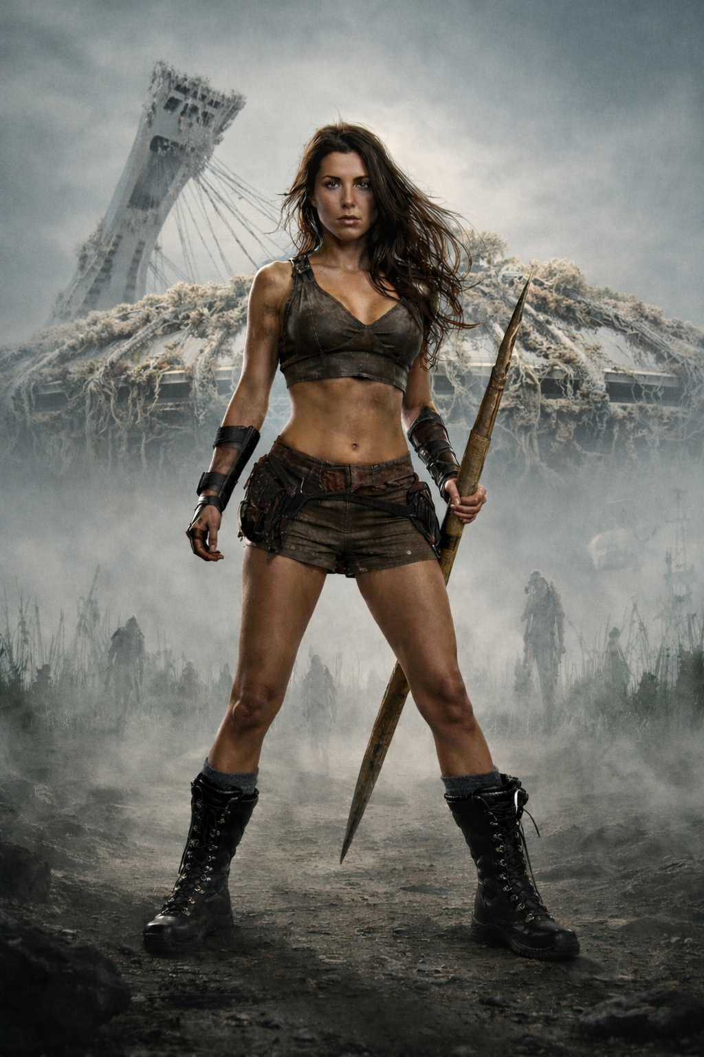 A determined female survivor in rugged attire stands holding a spear in front of the ruins of Montreal's Olympic Stadium.