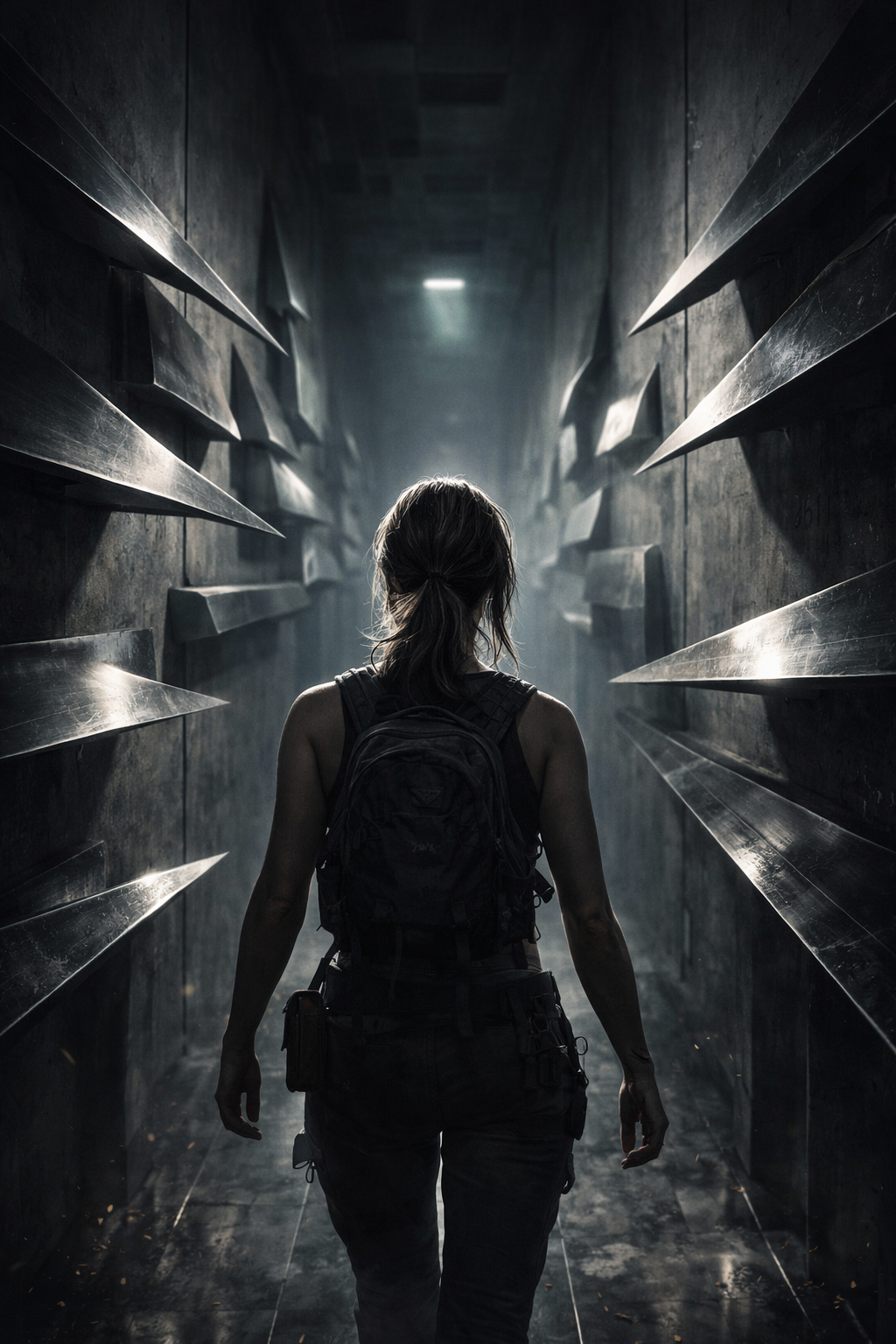 A lone woman with a backpack walks away from the camera through a dark, narrow corridor lined with sharp metal protrusions.