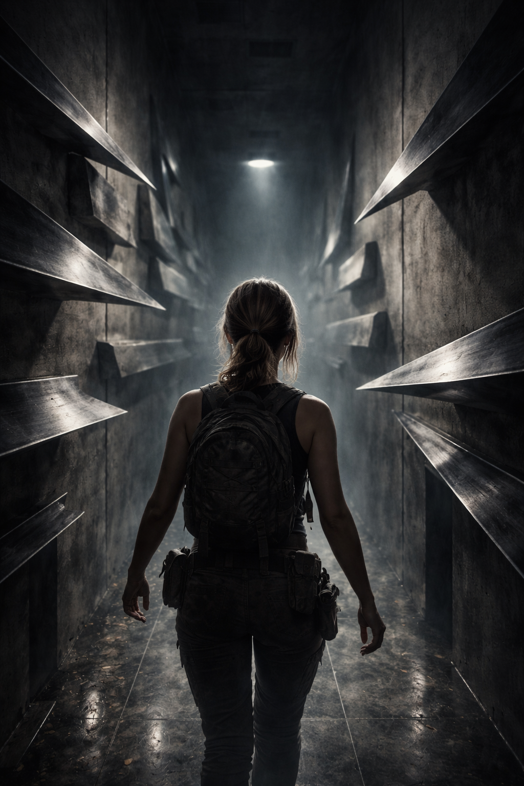 A woman with a backpack walks down a dark, narrow concrete corridor lined with sharp, triangular metal protrusions.