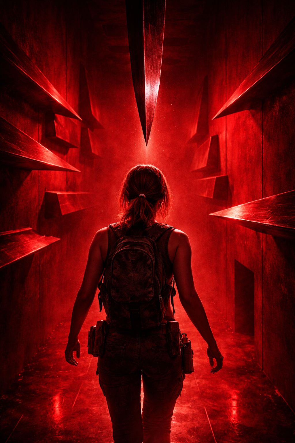 A woman with a backpack standing at the entrance of a dark, red-lit corridor lined with sharp, triangular spikes.