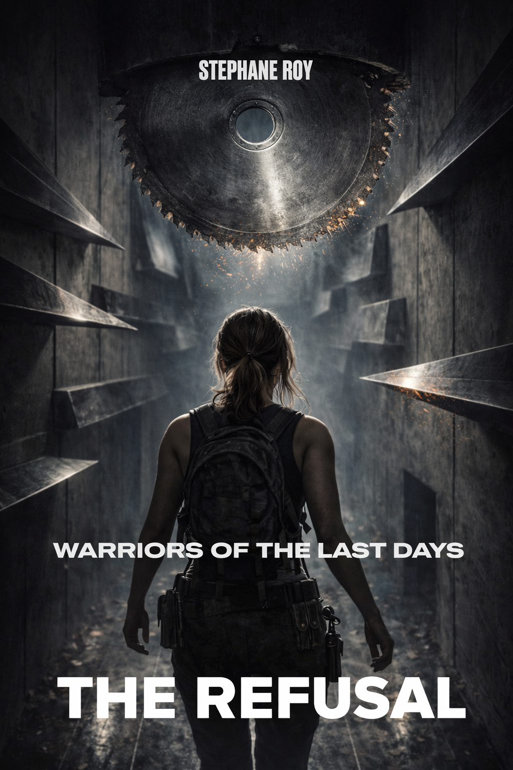 A person with a backpack stands in a dark concrete tunnel beneath a large, threatening circular saw blade.