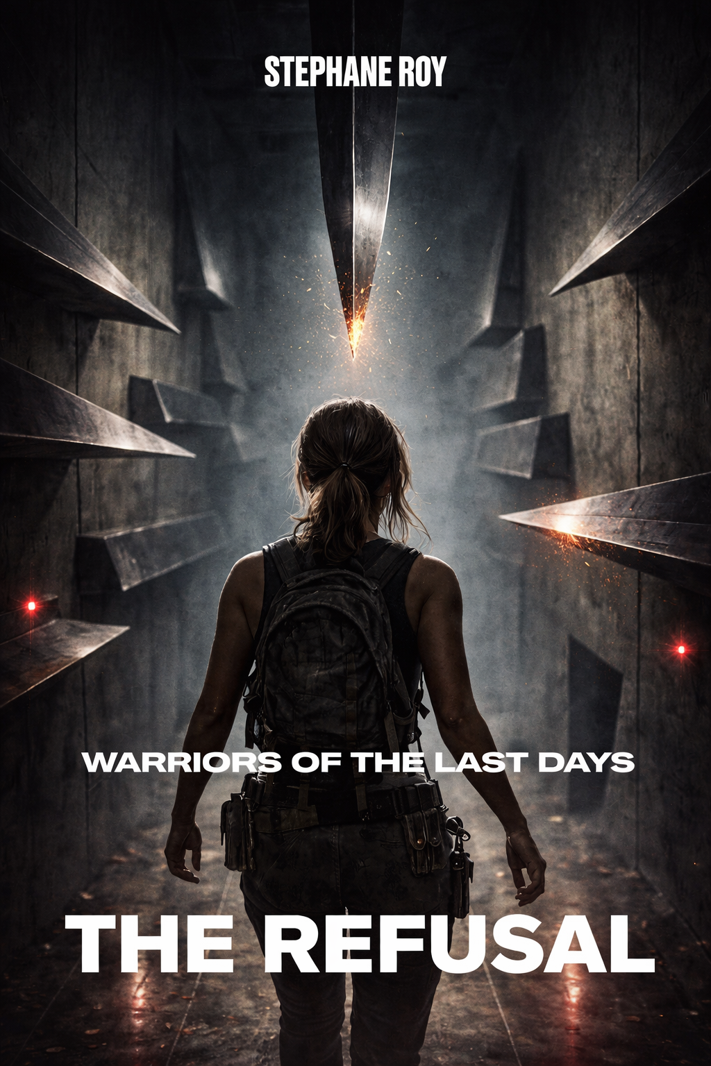 A woman with a backpack stands in a dark, narrow corridor filled with sharp metallic spikes, facing a glowing blade from above.