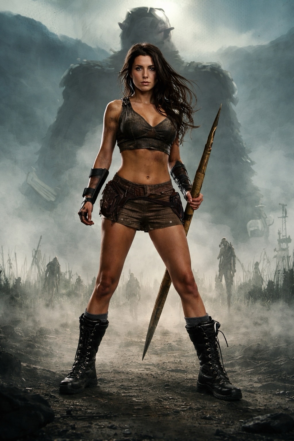 A determined female warrior standing in a post-apocalyptic landscape with a spear, featuring a looming, shadowed figure.