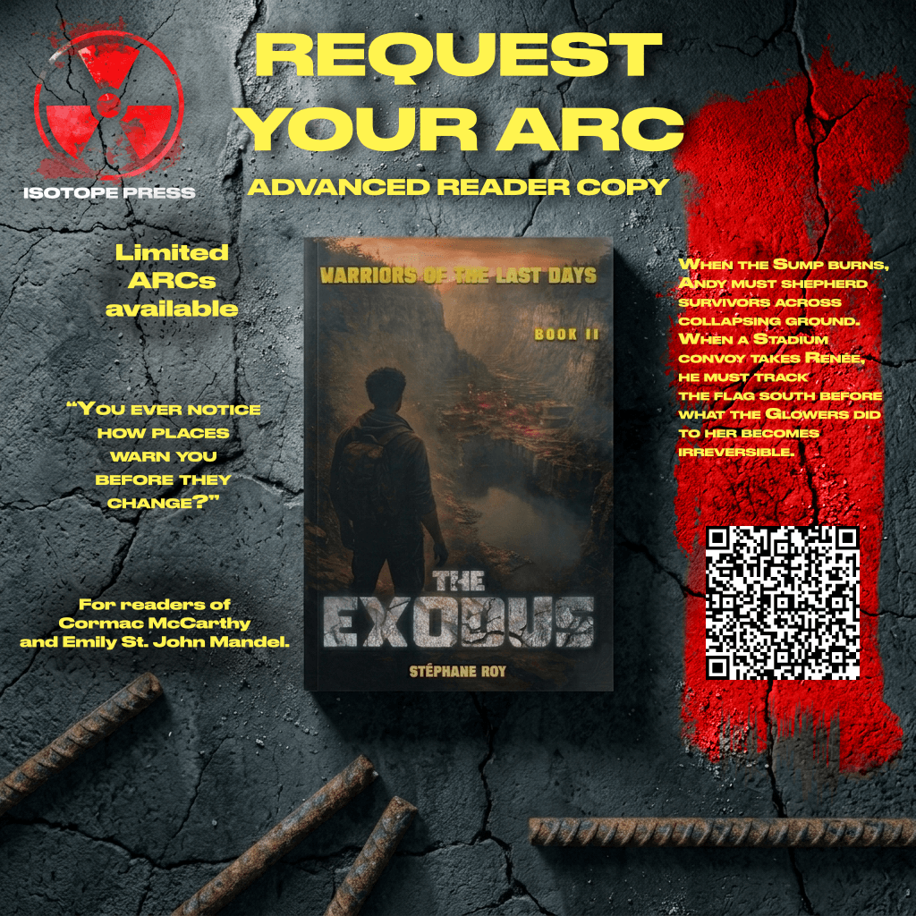 Promotional graphic for The Exodus book two, featuring a post-apocalyptic book cover, a QR code, and synopsis text.