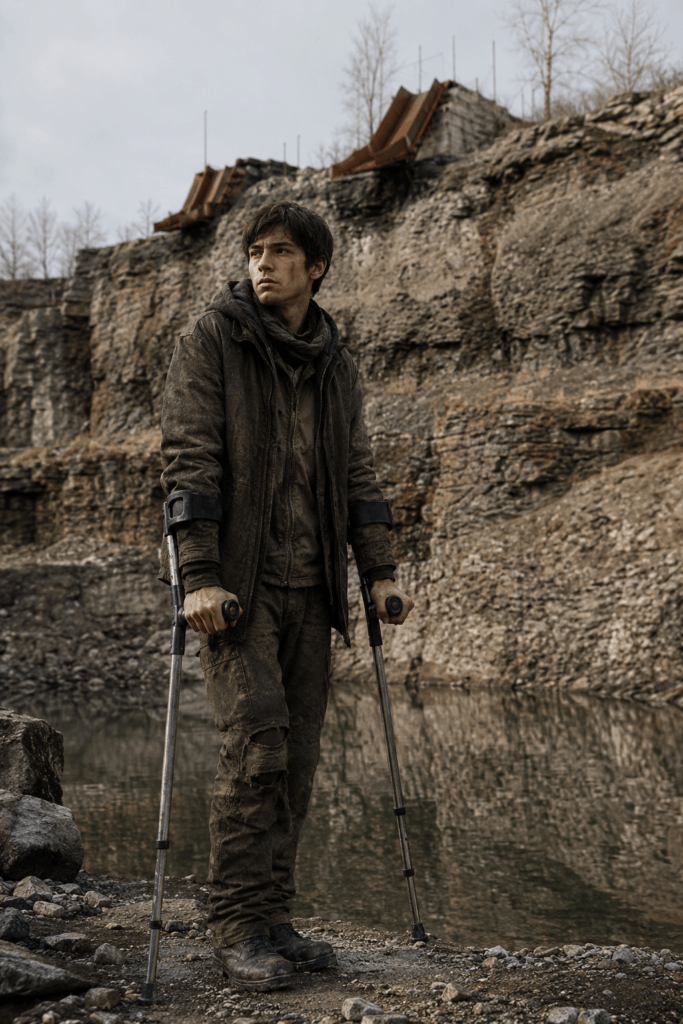 CHARACTERS BOOK II: THE EXODUS 12 A young man named Émile standing on crutches before a rocky cliff and a dark pool in a post-apocalyptic landscape.