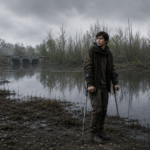 A young man wearing worn, dark clothing stands on a muddy riverbank holding two crutches under a cloudy sky.