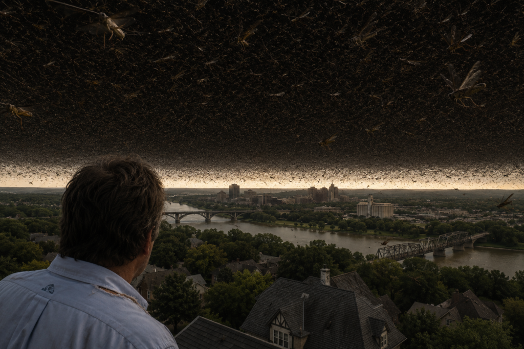 Post-Apocalypse Stories in Saskatchewan: A man looks over a city landscape as a massive, dark cloud of locusts looms over the horizon at twilight.