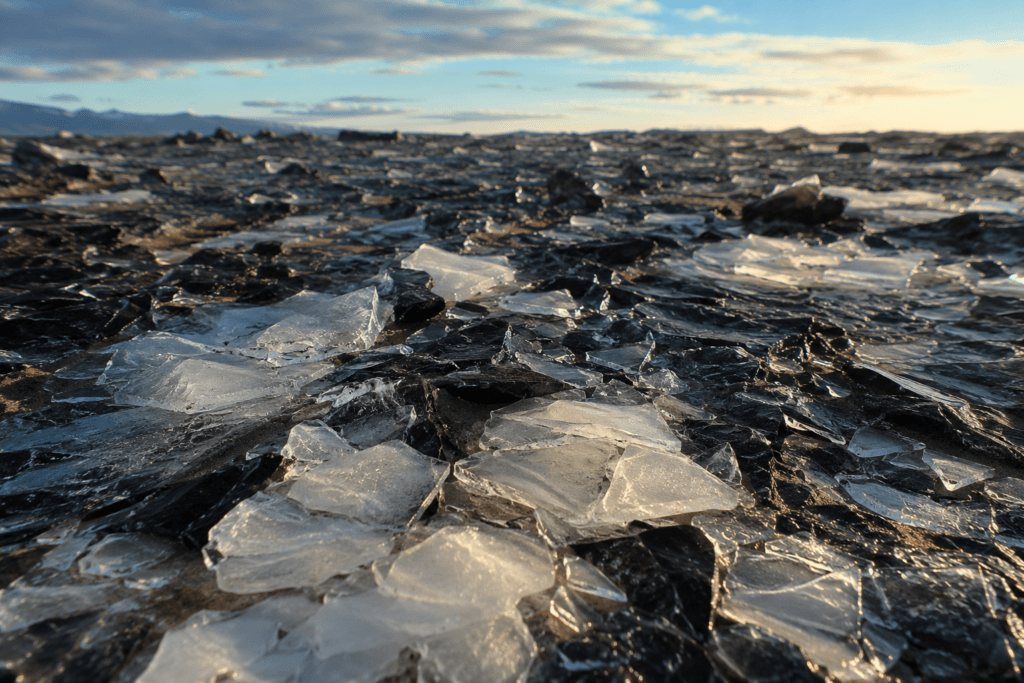 A close-up view of shards of ice covering dark, rocky ground under a sunset sky, representing a post-nuclear landscape.