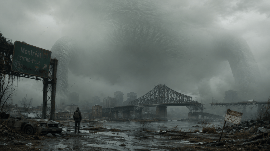 CREATURES: A lone figure stands before a massive, fog-covered creature looming over the ruins of Montreal and the Jacques Cartier Bridge.