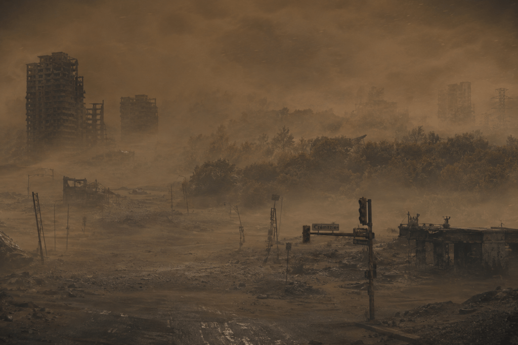 A massive dust storm engulfs the ruins of Montreal, showing dilapidated buildings and a sign for Crémazie street.