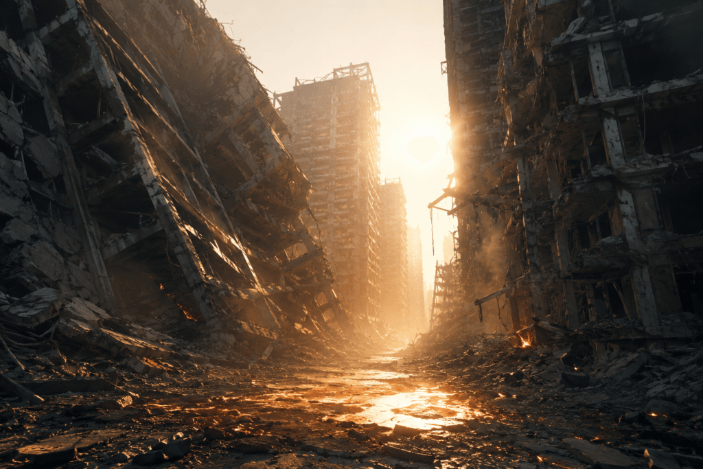 A desolate, ruined city street with crumbling skyscrapers lit by a harsh, glowing sun in a post-nuclear setting.