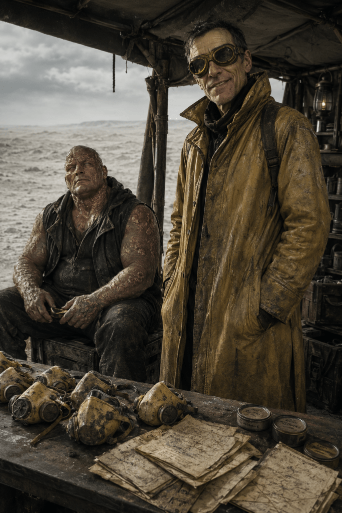 CHARACTERS BOOK II: THE EXODUS 10 A man wearing goggles and a yellow coat stands beside a scarred, muscular man in a post-apocalyptic shelter.