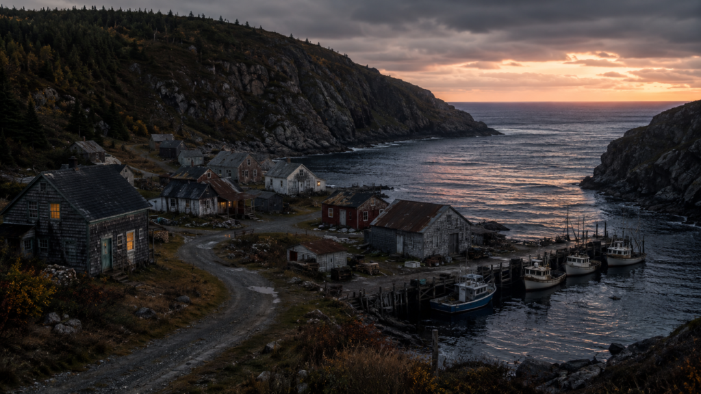 MEAT COVE 1 MEAT COVE - NOVA SCOTIA:A desolate coastal village with weathered houses and fishing boats moored at a dock under a moody sunset.