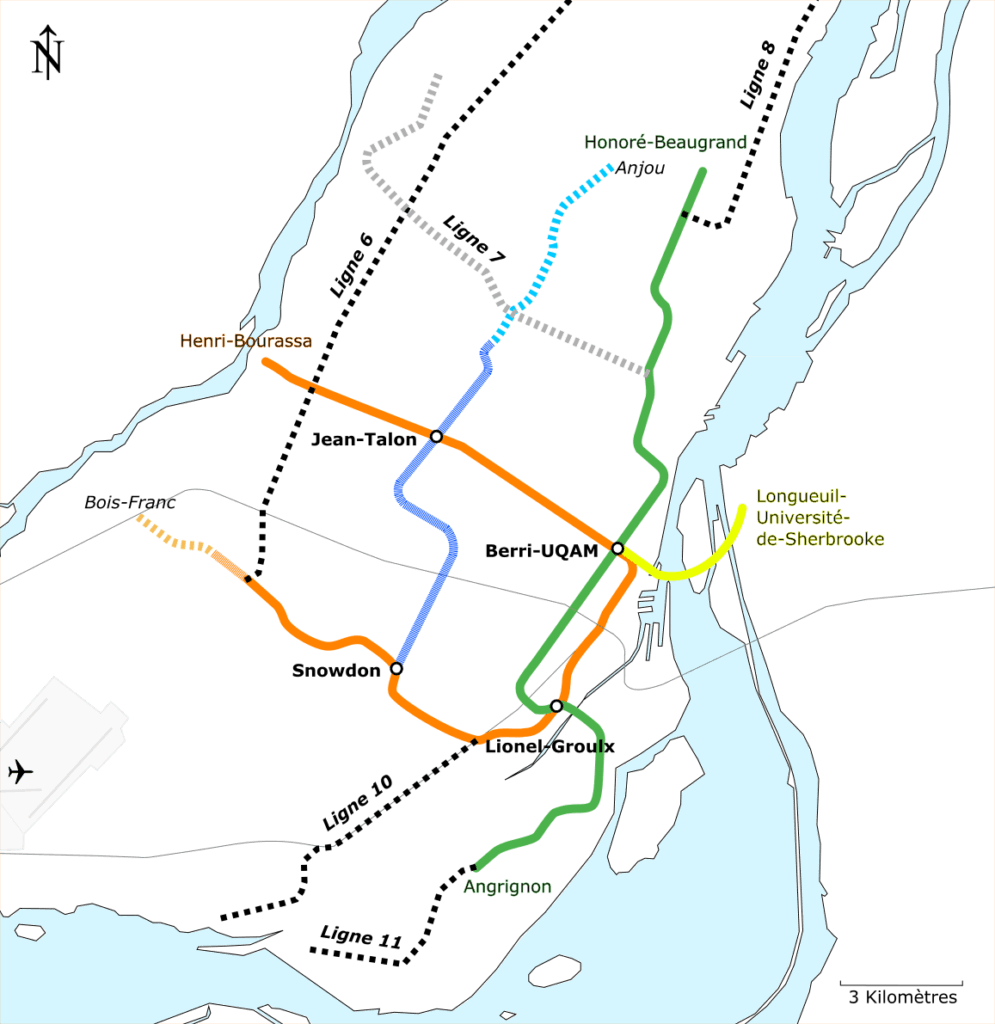 Post-Apocalyptic Fiction Set in Montreal 1 Post-Apocalyptic Fiction Set in Montreal: A stylized map of the Montreal Metro system with colored lines and key transit stations against a geographical backdrop, including all the projected lines. Ligne 7 (White Line), or the lack thereof, is part of the Refusal story line.