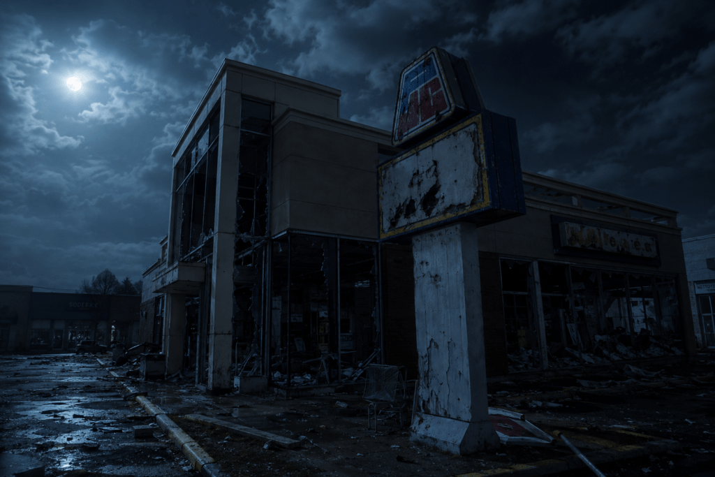 Derelict PJC store with shattered glass windows under a moonlight sky in a post-nuclear setting.