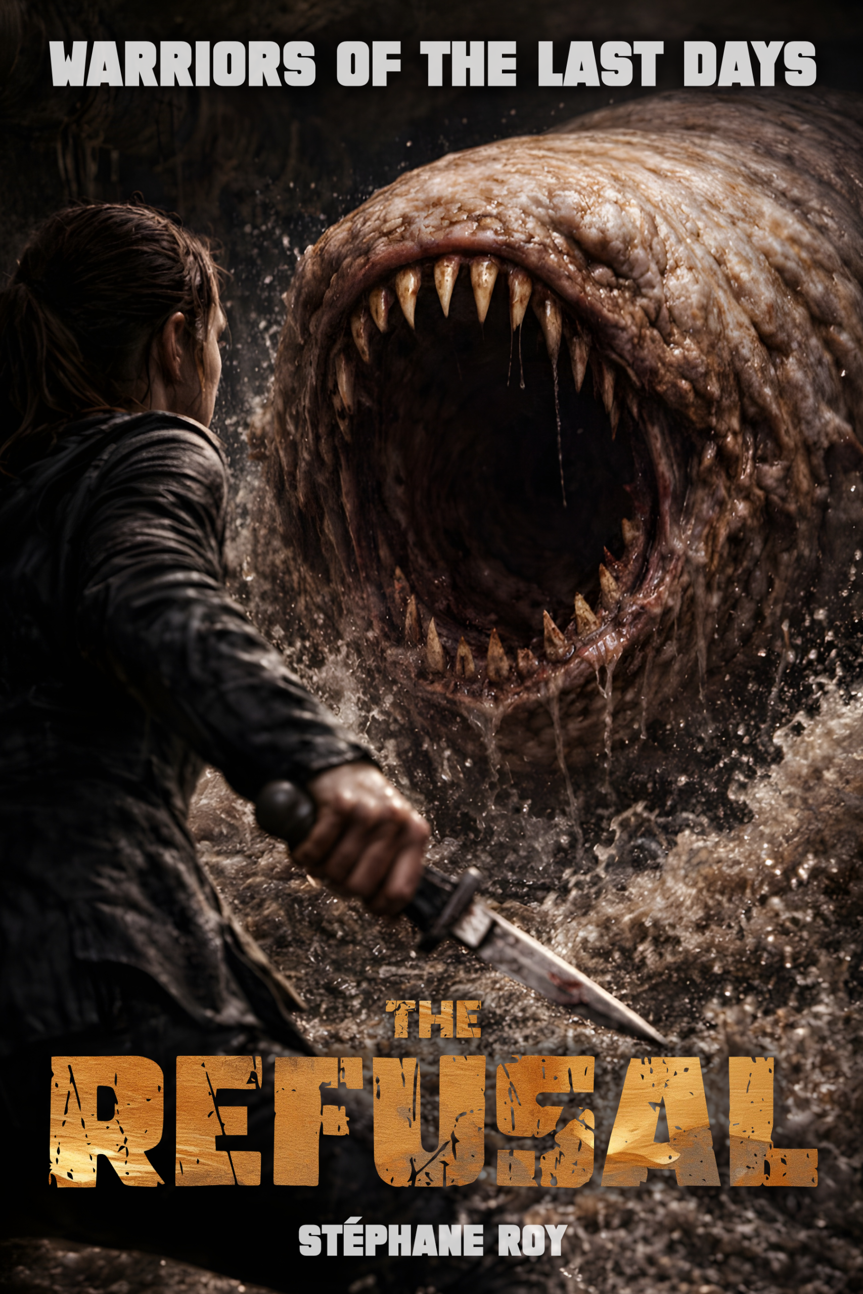 A person with a knife confronts a giant, fanged, subterranean creature emerging from dark, muddy water.