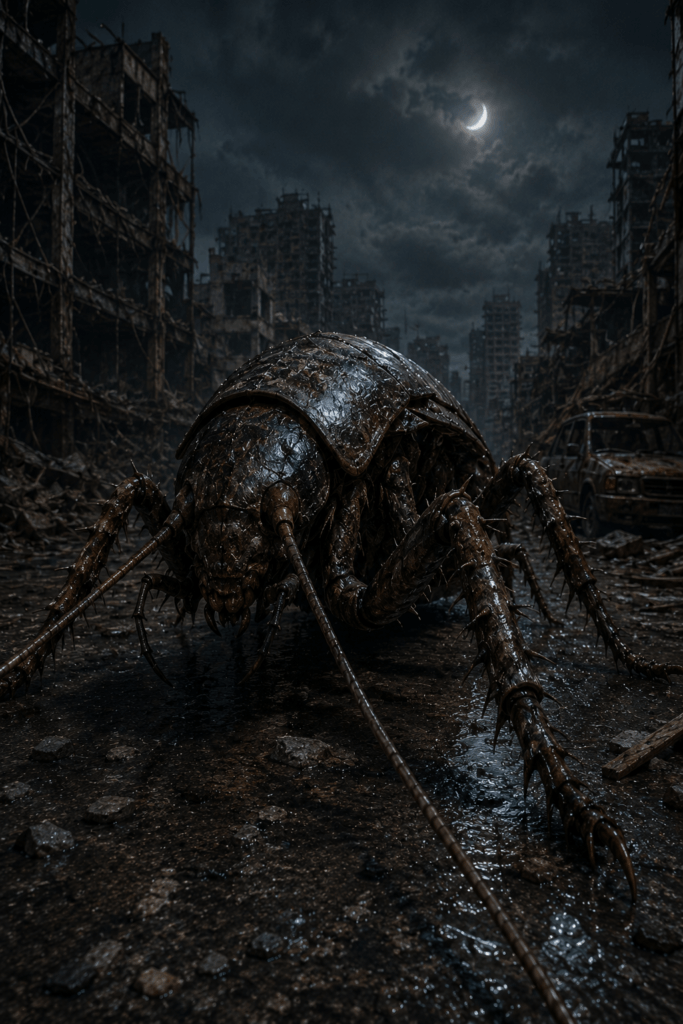 A giant, spiky, armored insect creature stalks a debris-filled street in a post-apocalyptic, ruined city at night.