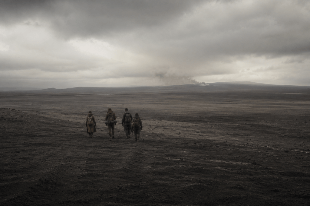 The Exodus Is Here 2 THE EXODUS IS HERE: Four survivors with backpacks walk across a desolate, brown, post-apocalyptic landscape under a cloudy sky.