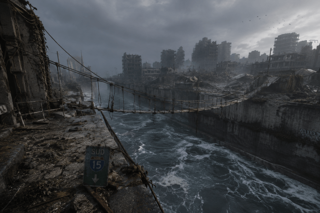 A rope bridge spans a turbulent canal in a post-apocalyptic, ruined Montreal skyline under a dark, overcast sky.