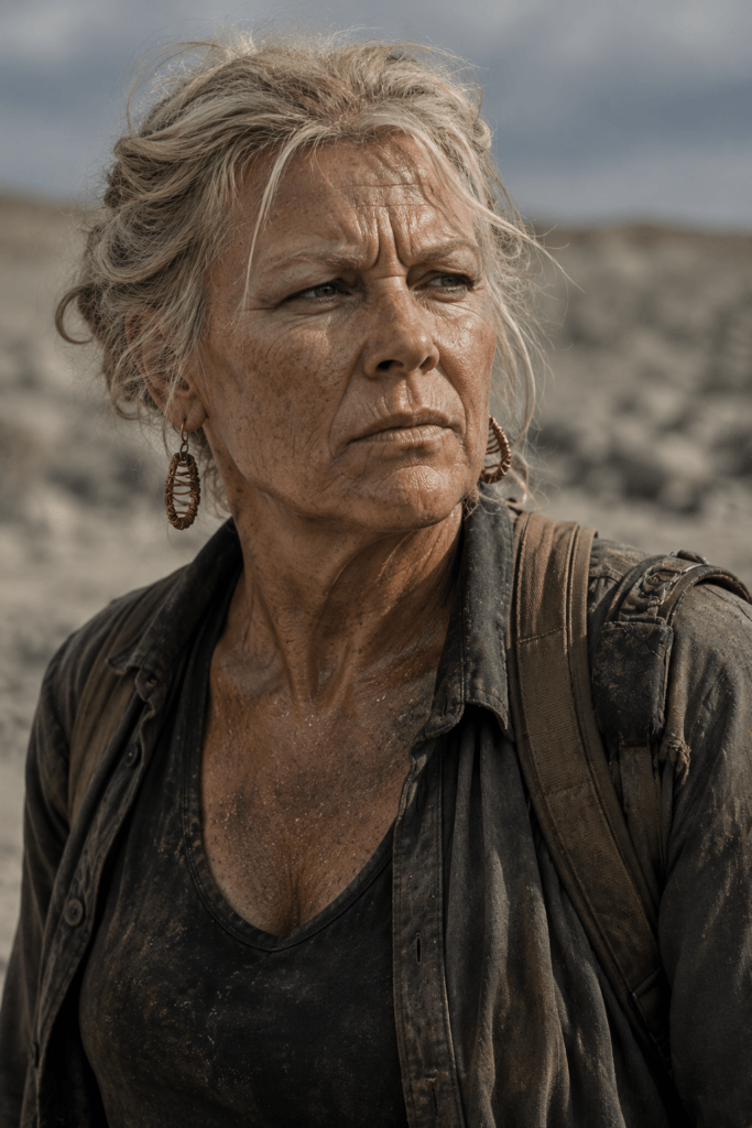 CHARACTERS BOOK II: THE EXODUS 9 Close-up portrait of an older woman named Simone in post-apocalyptic attire, looking off to the side.