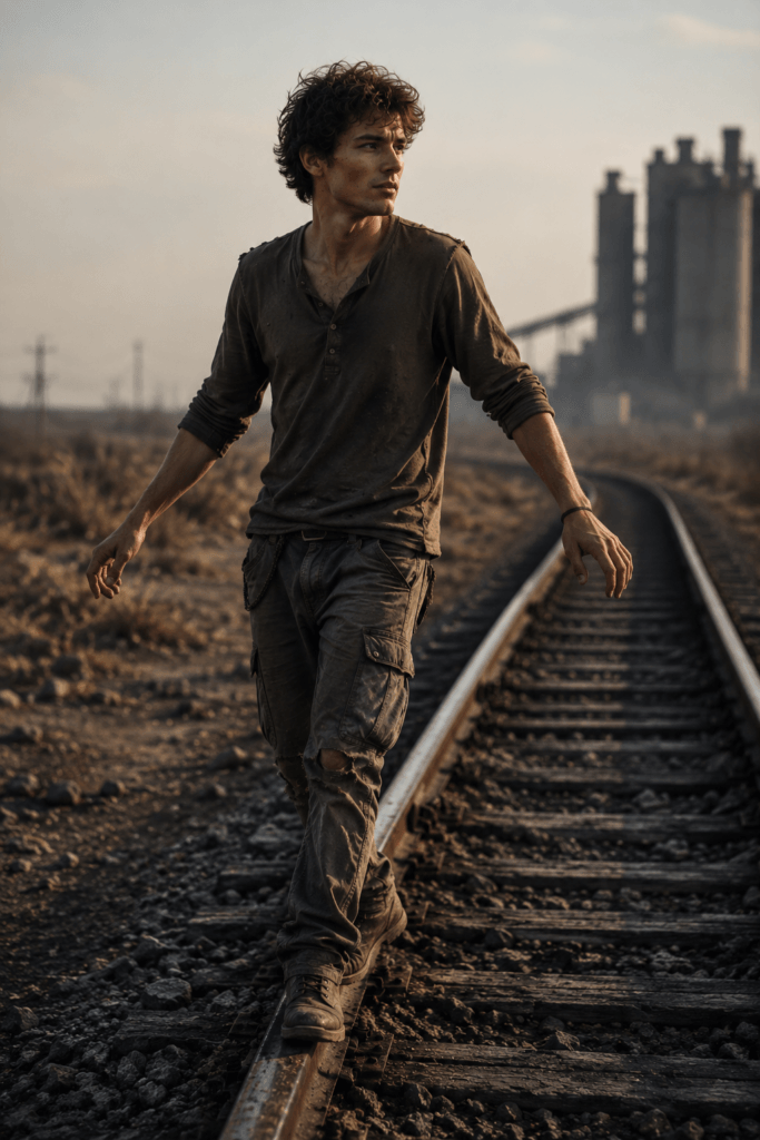 CHARACTERS BOOK II: THE EXODUS 7 Stanley with tousled hair and worn clothes carefully balancing while walking along desolate post-nuclear railway tracks.