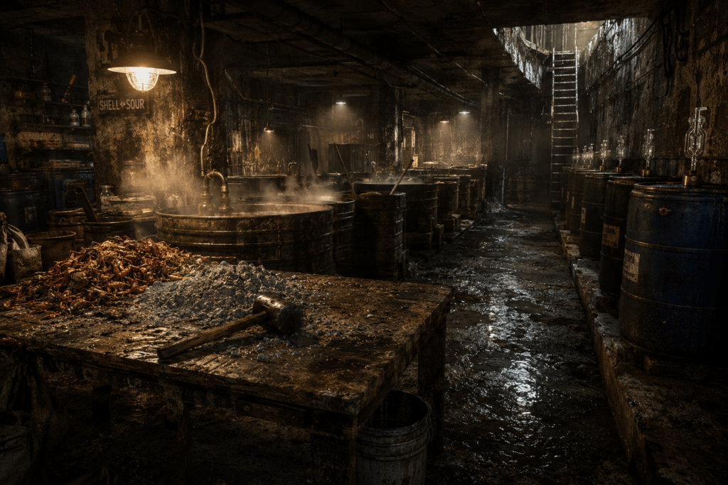A dark, gritty subterranean distillery in post-nuclear Montreal with wooden vats, steaming liquid, and a workbench.