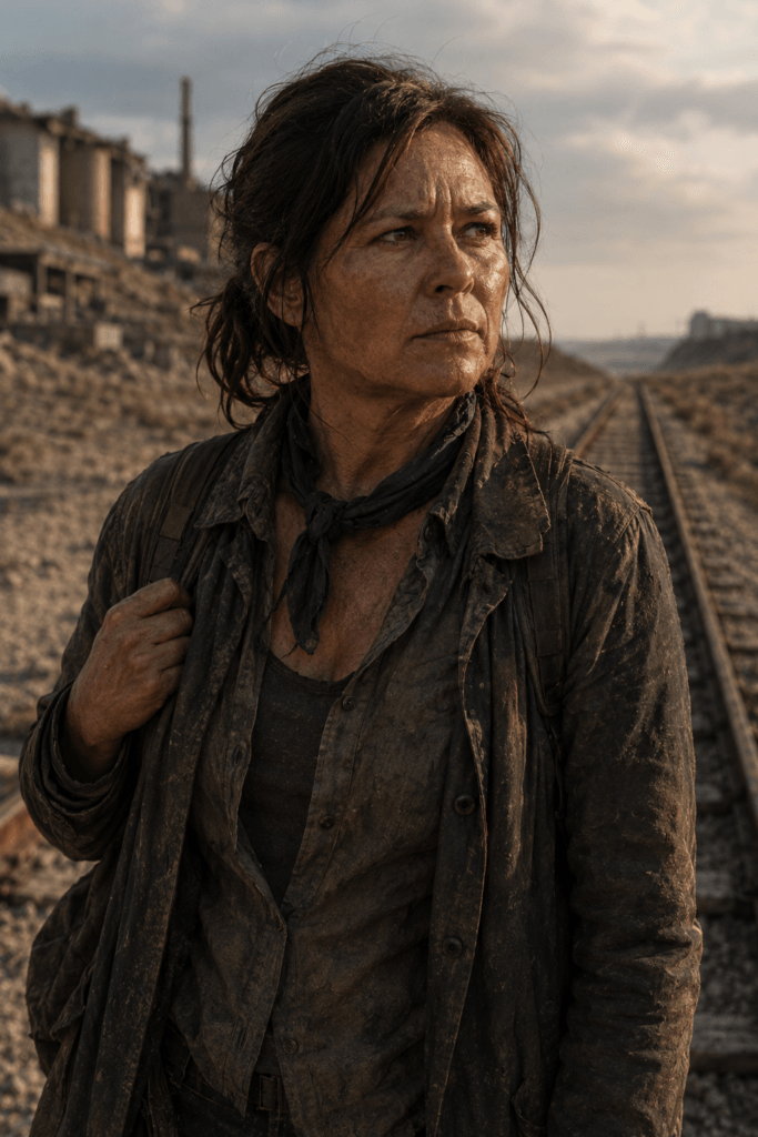 CHARACTERS BOOK II: THE EXODUS 11 Sylvie standing on abandoned railroad tracks in a dusty, post-apocalyptic landscape, looking toward the horizon.