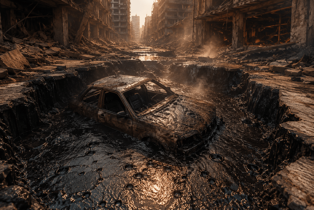 A rusted sedan sinks into a bubbling black tar pit amidst the ruins of a post-apocalyptic, war-torn city street.