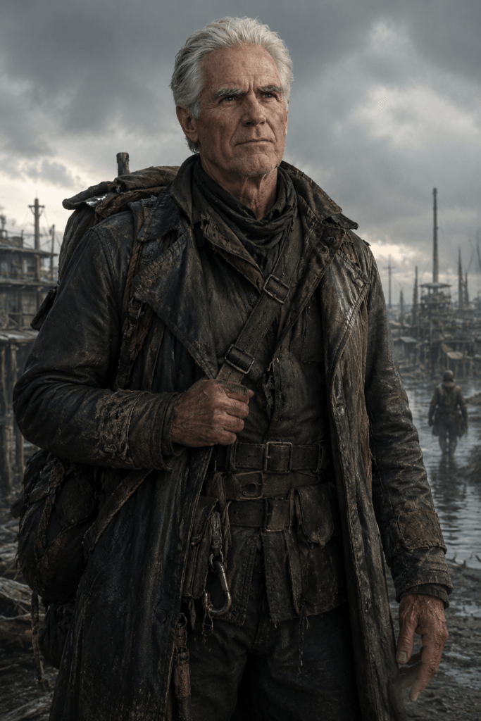 CHARACTERS BOOK II: THE EXODUS 8 A weathered man with silver hair and a mud-caked trench coat stands in a desolate post-apocalyptic landscape.