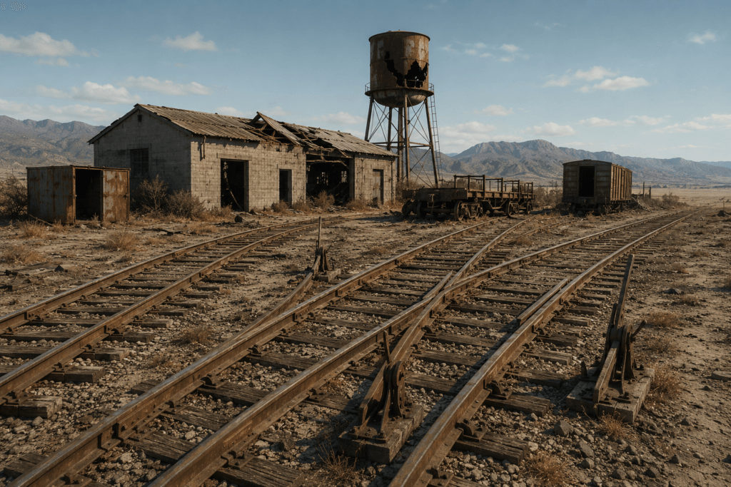 Dilapidated stone train station and rusted water tower amidst overgrown tracks in a desolate, barren mountain landscape.
