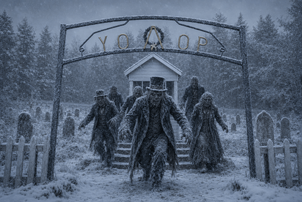 STORIES ACROSS CANADA 22 STORIES ACROSS CANADA: Group of undead figures in Victorian attire walking through a snowy, metal cemetery gate labeled YOOP.