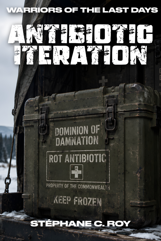 A weathered olive-drab military supply crate labeled Rot Antibiotic and Property of the Commonwealth sits in a snowy, post-apocalyptic landscape.